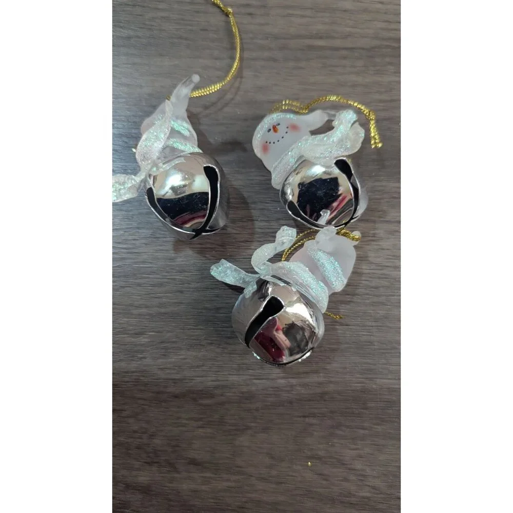 Snowman Bell Christmas Ornaments Set Of 3 Hanging Decorations Frosted & Silver S
